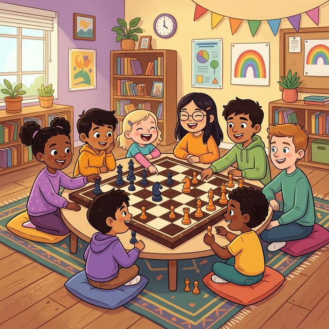 Children playing chess together